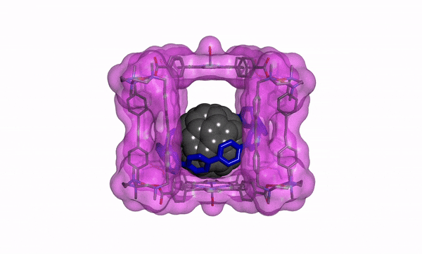 animation showing a 3d structure of supramolecular three-shell complex based on cubic organometallic cage, fullerene, and [10]CPP